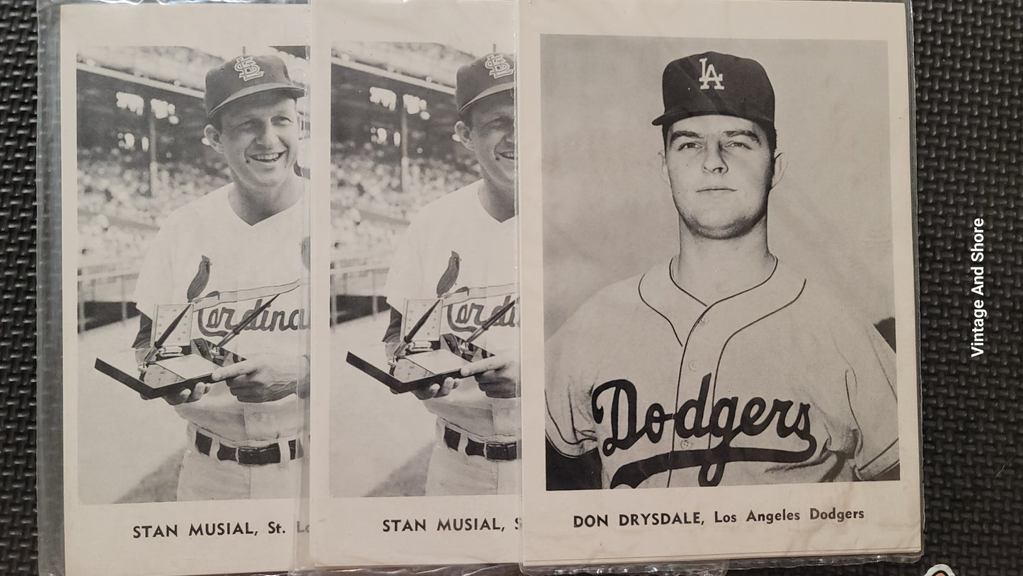 1961 Don Drysdale, (2) Stan Musial, 5x7 card sets